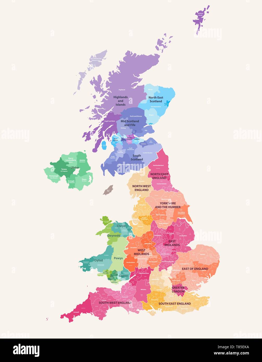Carte vectorielle du Royaume-Uni divisions administratives colorés par pays et régions Illustration de Vecteur
