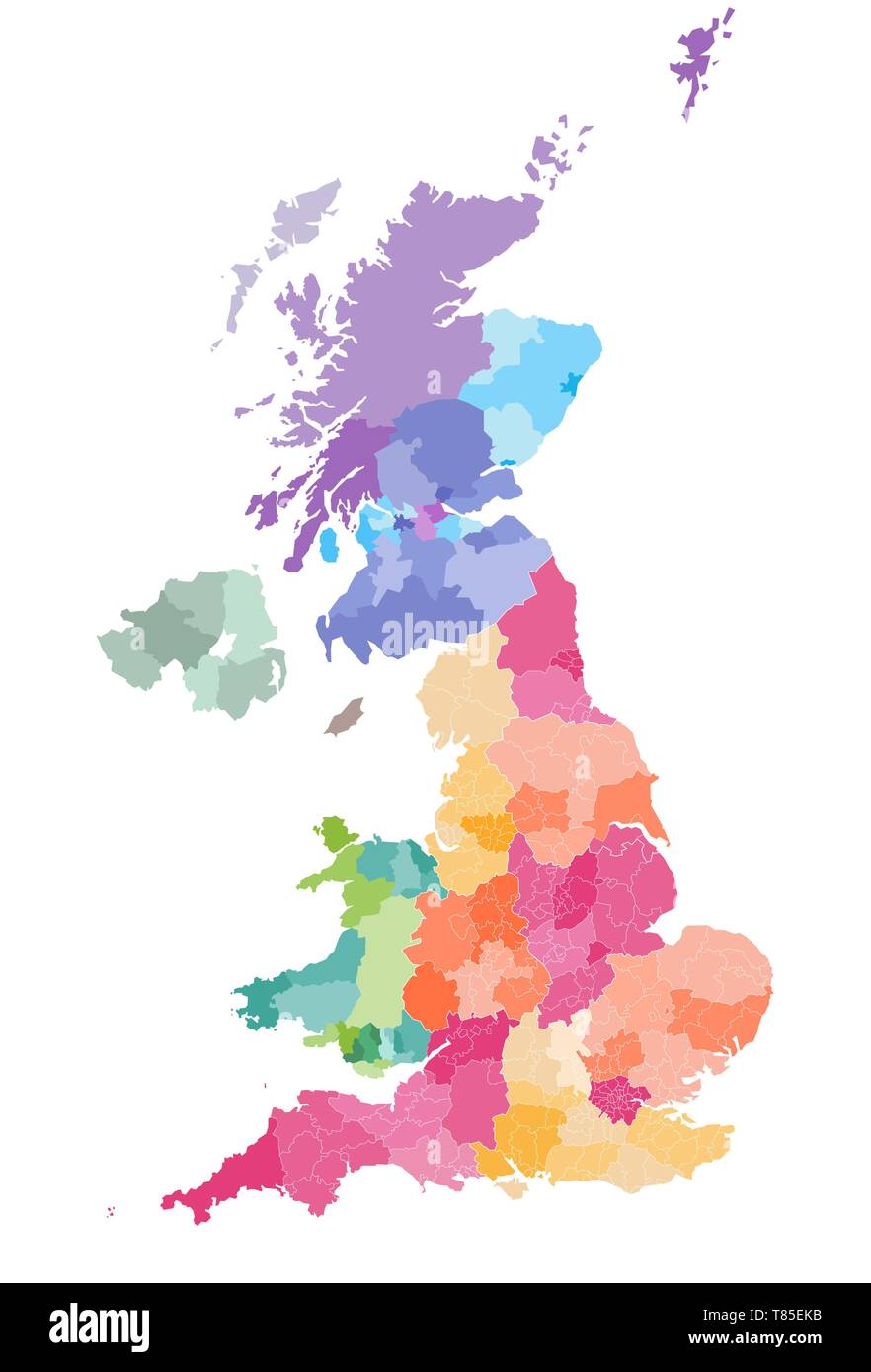Carte vectorielle du Royaume-Uni divisions administratives colorés par pays et régions Illustration de Vecteur