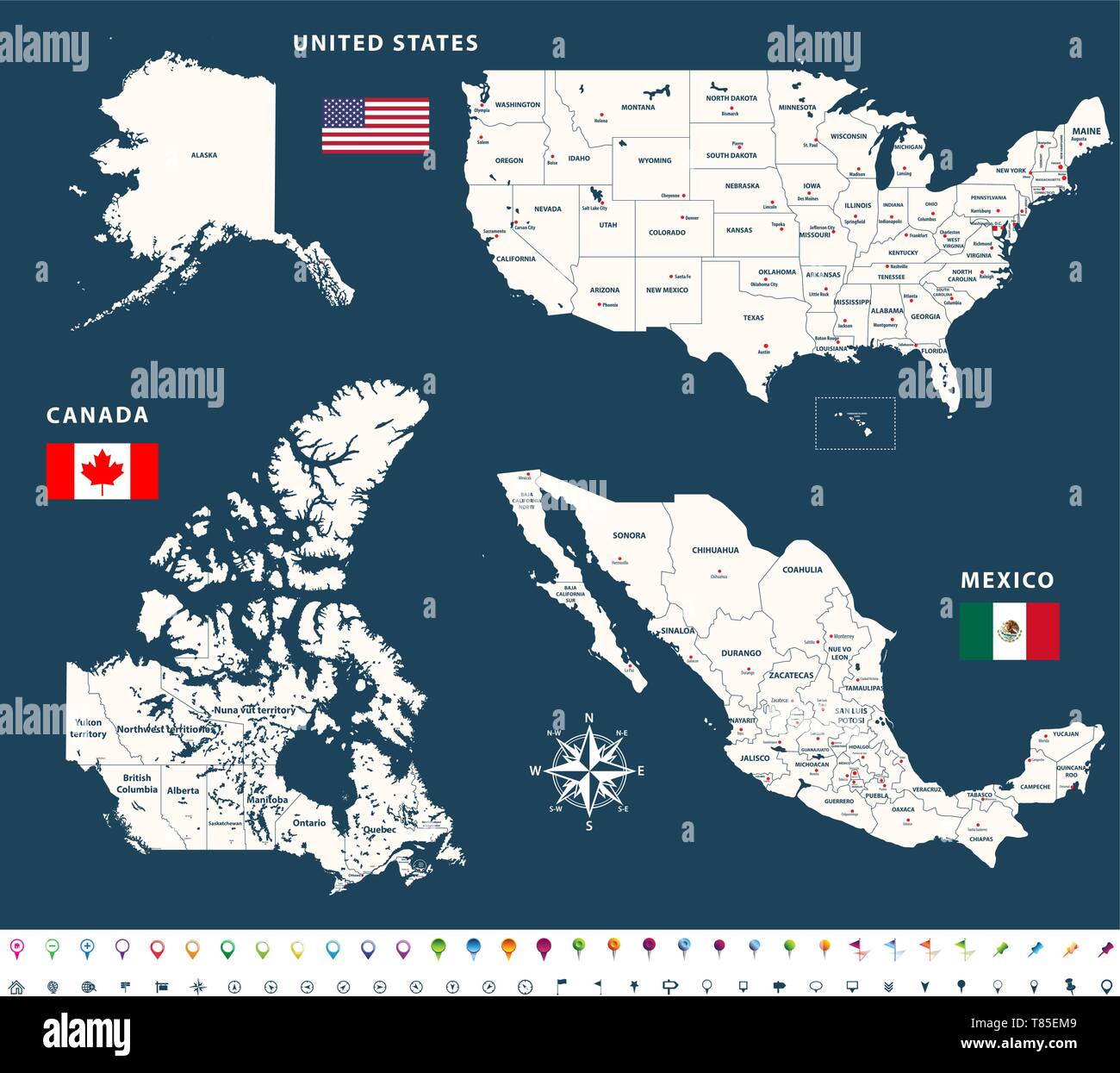 Cartes vectorielles de Canada, États-Unis et Mexique avec des drapeaux Illustration de Vecteur