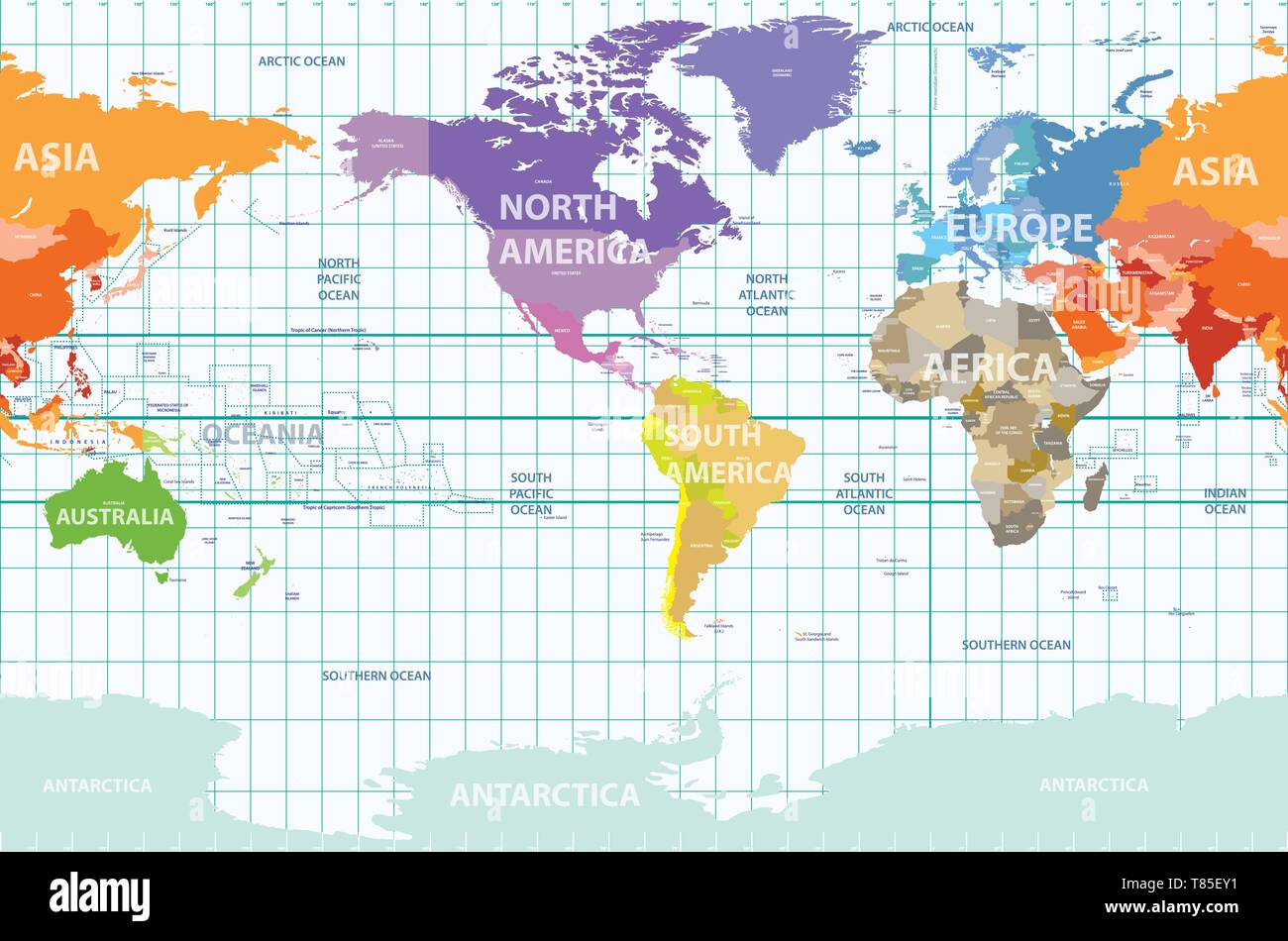 Carte du monde vecteur coloré par continents et centré en Amérique latine Illustration de Vecteur