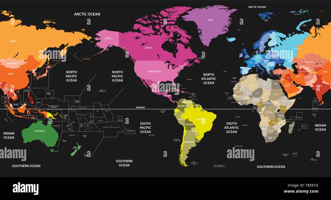 Carte du monde vecteur coloré par continents et centré en Amérique latine Illustration de Vecteur