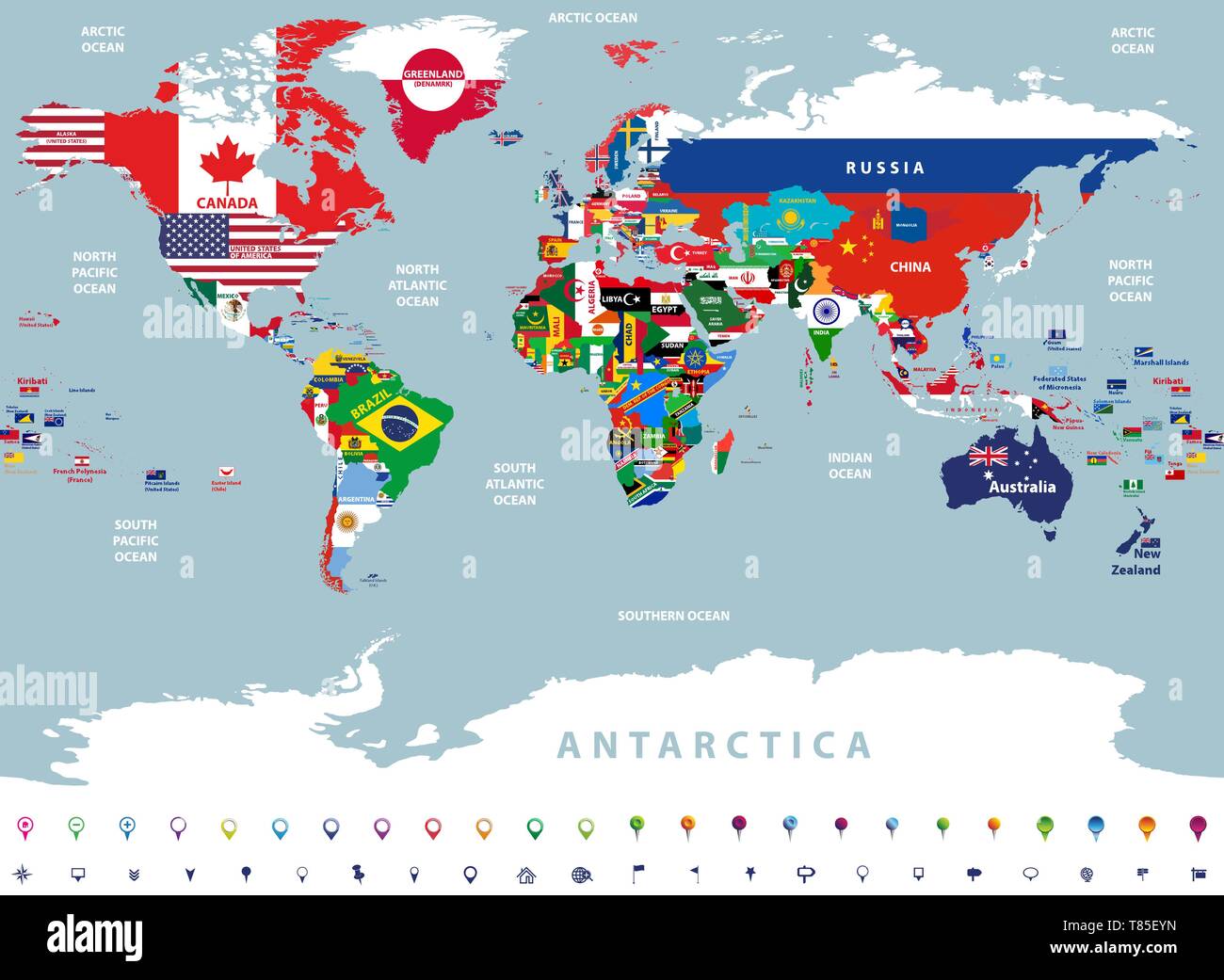 Vector illustration de carte du monde qui s'articule avec les drapeaux nationaux Illustration de Vecteur