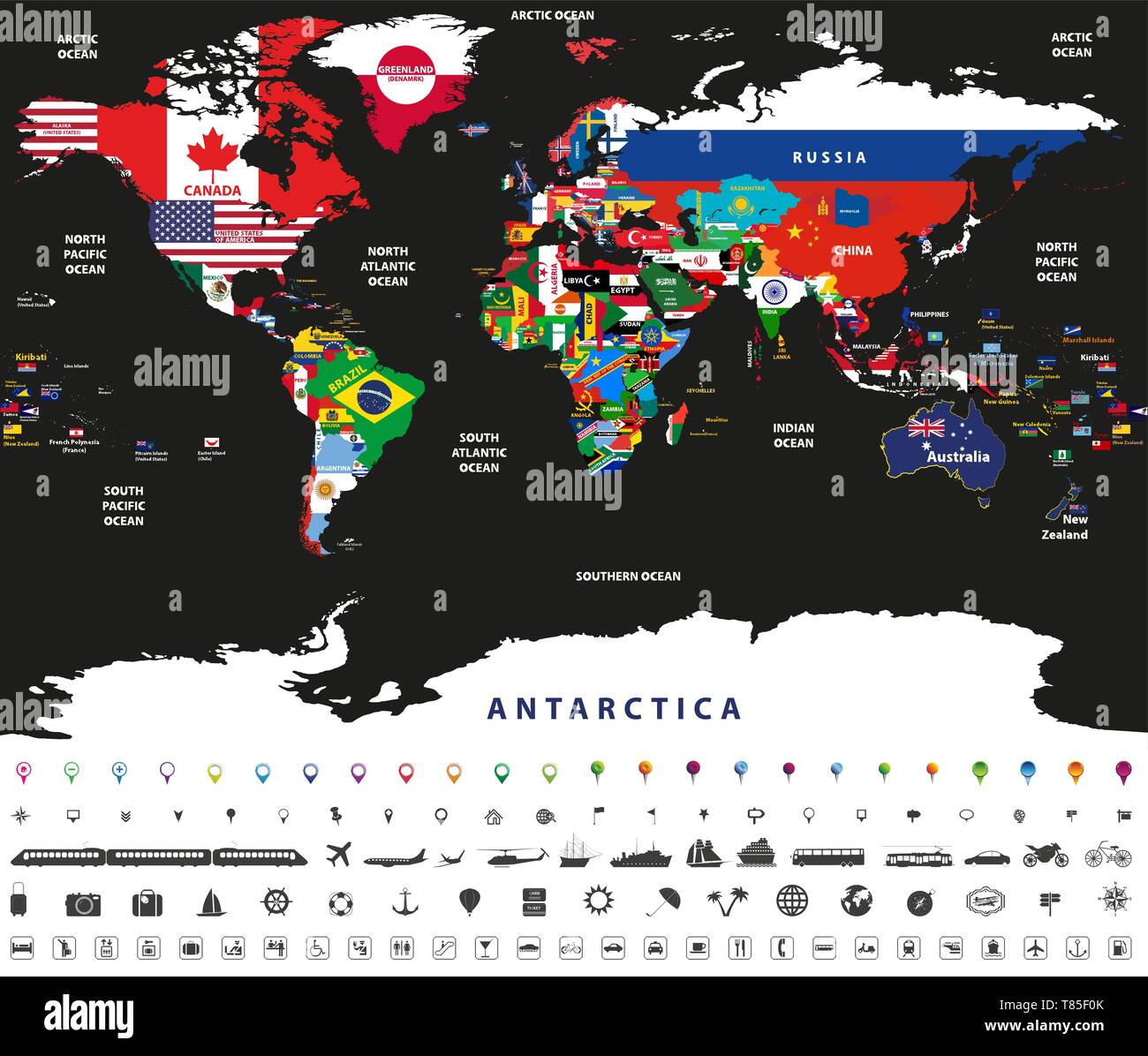 Vector illustration de carte du monde qui s'articule avec les drapeaux nationaux Illustration de Vecteur