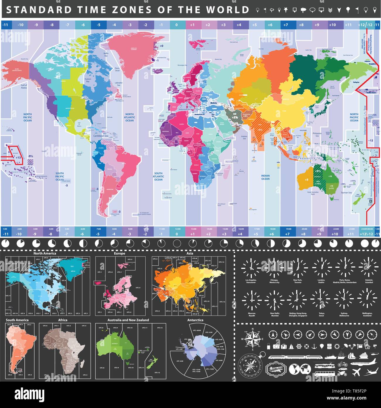Dans le monde des couleurs carte vectorielle de fuseaux horaires locaux Illustration de Vecteur