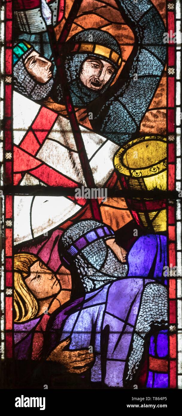 La France, Tarn, Albi, inscrite au Patrimoine Mondial de l'UNESCO, la cathédrale Sainte-Cécile, détail d'un vitrail illustrant la croisade des Albigeois Banque D'Images