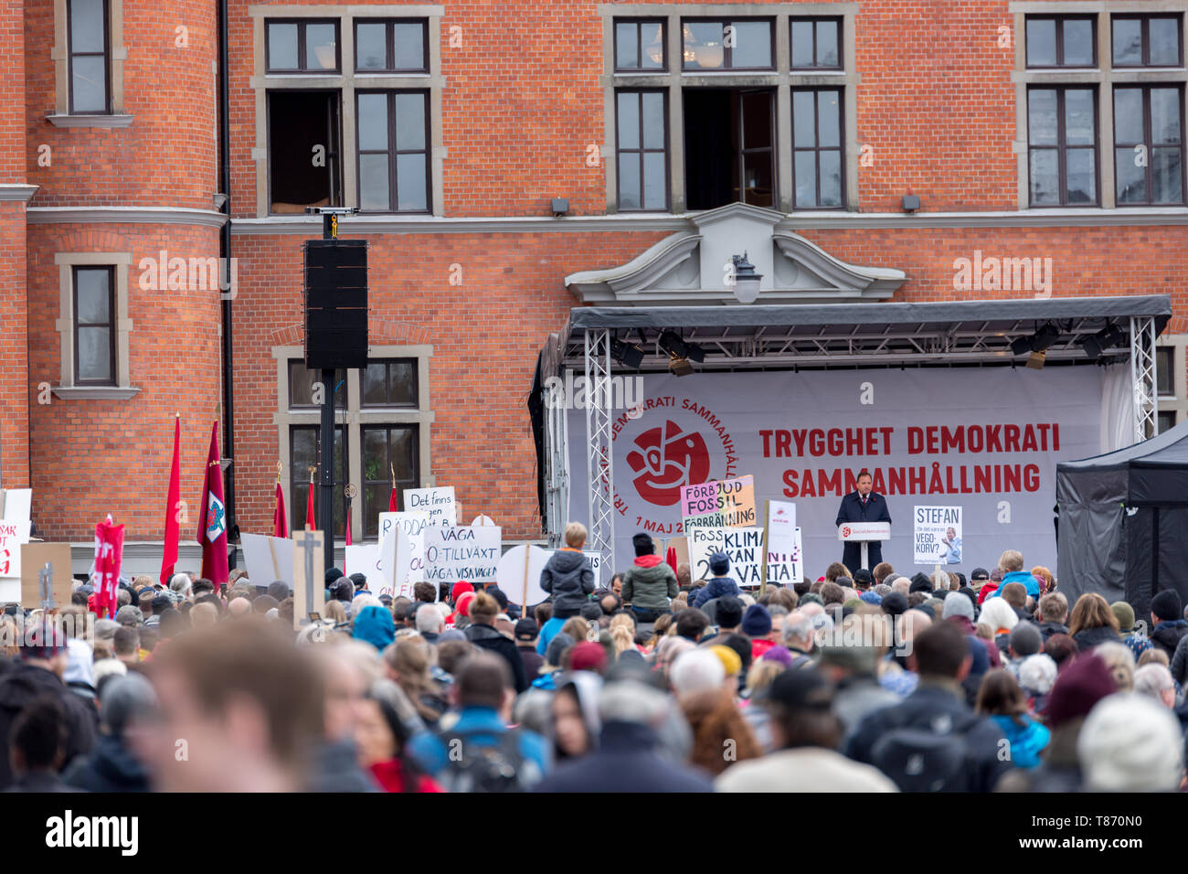 UMEA, SUÈDE - 1 mai 2019 - Stefan Löfven Premier Ministre de la Suède de faire un discours à l'extérieur de la maison de ville d'Umeå. Banque D'Images