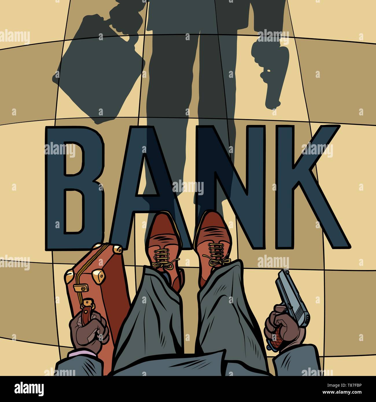 Vol de banque armé. ombre-de-chaussée d'ossature. Bande dessinée caricature dessin illustration rétro pop art Illustration de Vecteur