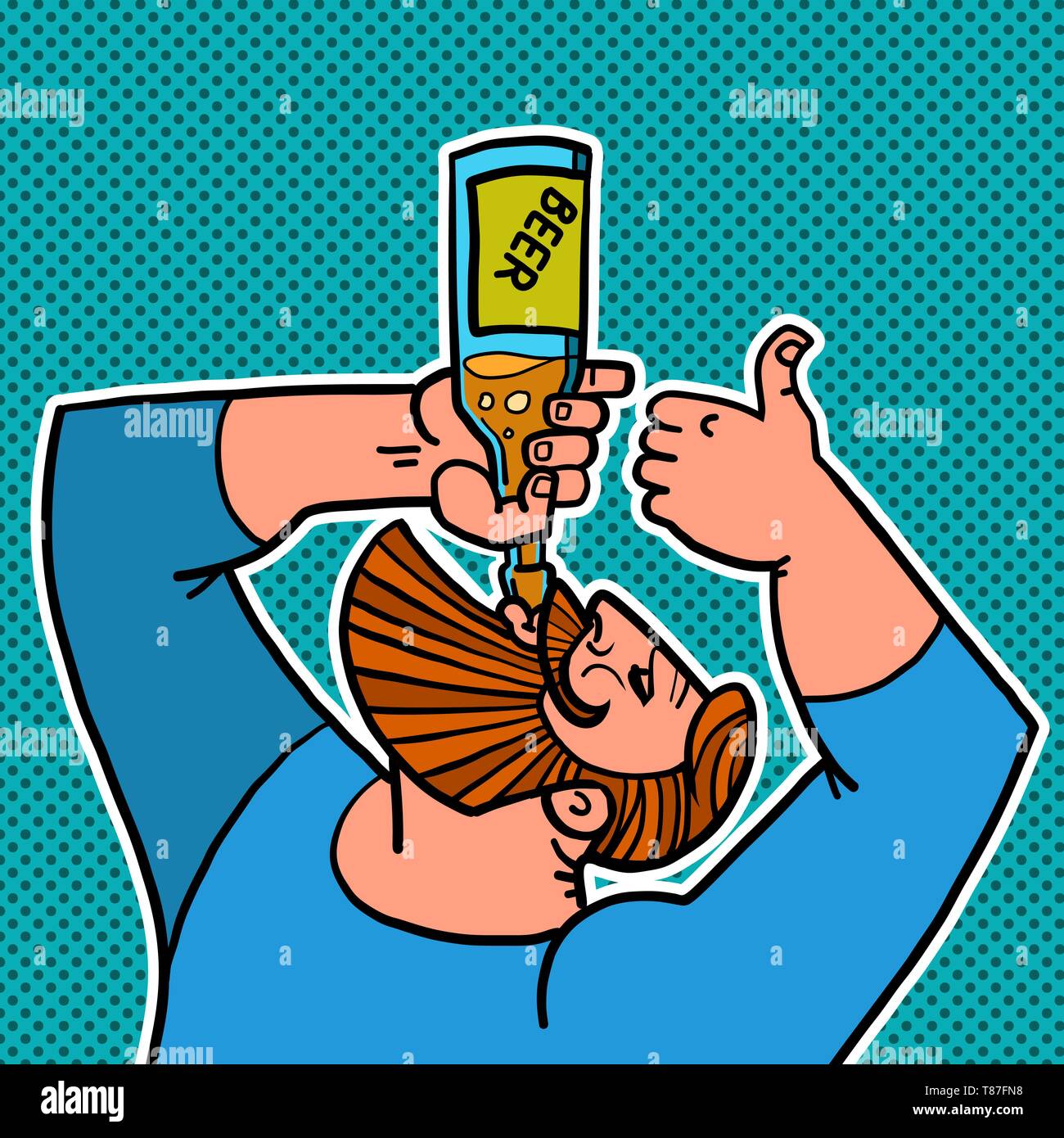Homme barbu de boire une bouteille de bière. Bande dessinée caricature dessin illustration rétro pop art Illustration de Vecteur
