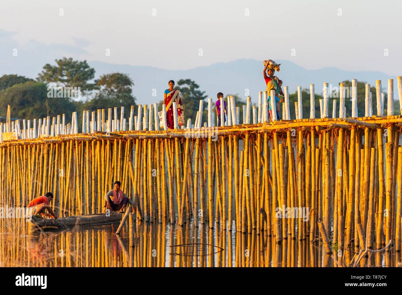 L'Inde, Assam, Majuli île au milieu de la rivière Brahmapoutre, bois et bambou bridge Banque D'Images