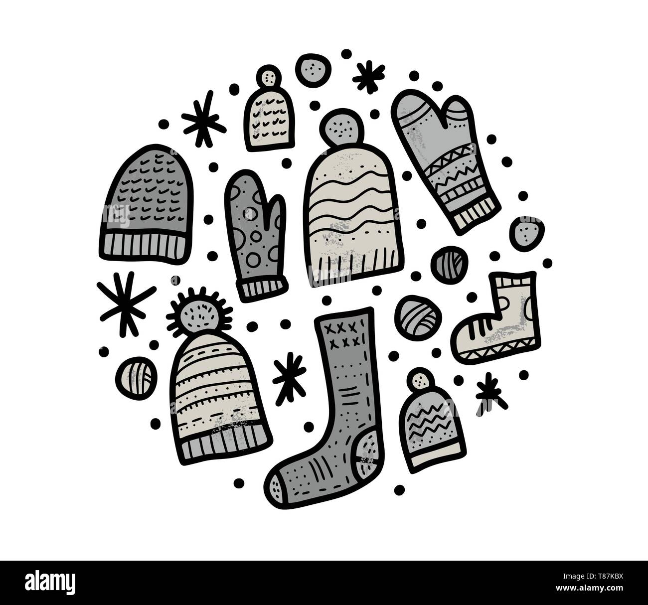 Chaussettes tricotées chaud, shorts, gants isolé sur fond blanc. Cercle de la composition vectorielle des vêtements chauds dans doodle style. Illustration de Vecteur