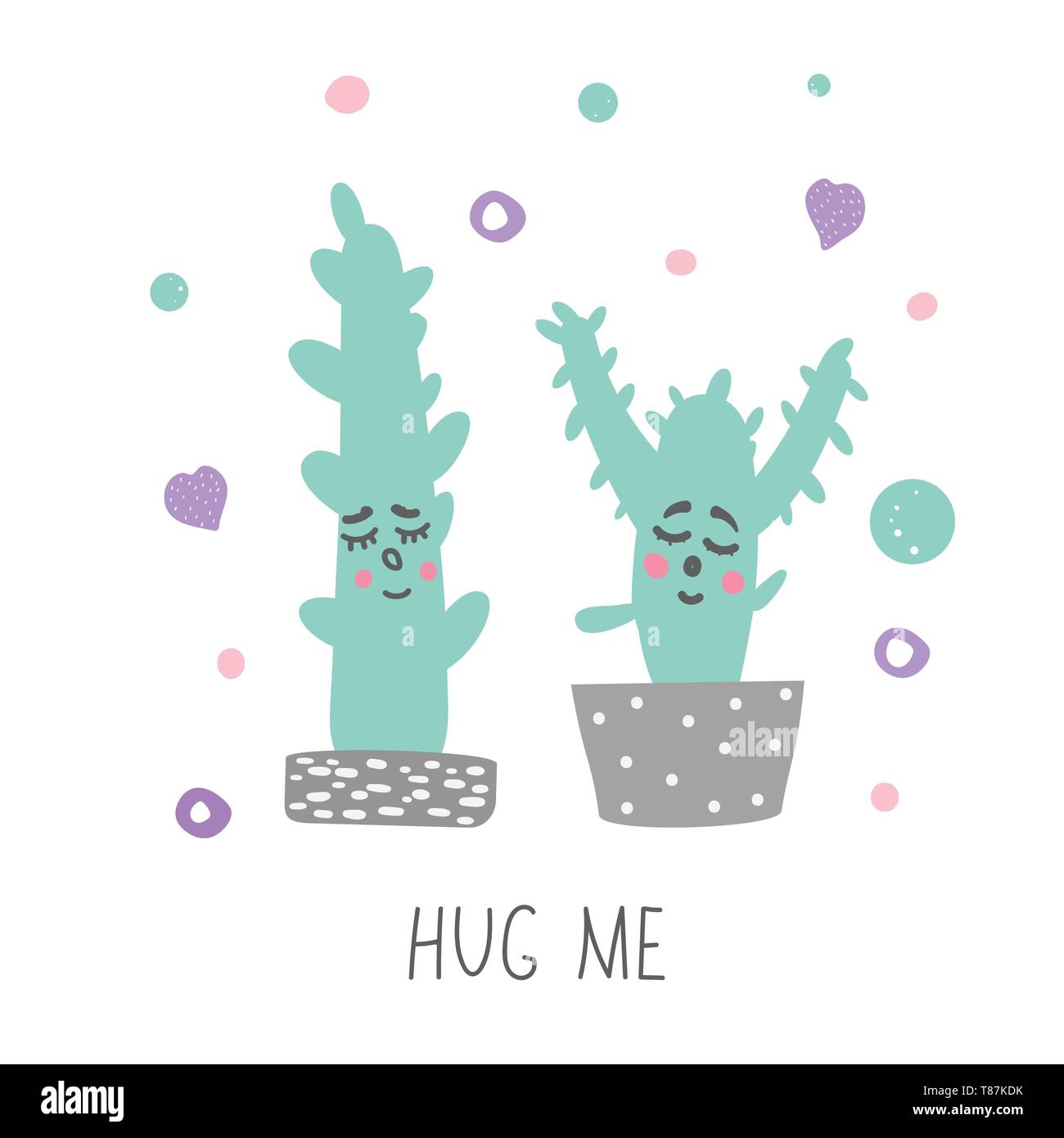 Happy Valentines Day modèle de carte de vœux. Lettres manuscrites Hug moi avec mignon cactus. Vector illustration. Illustration de Vecteur