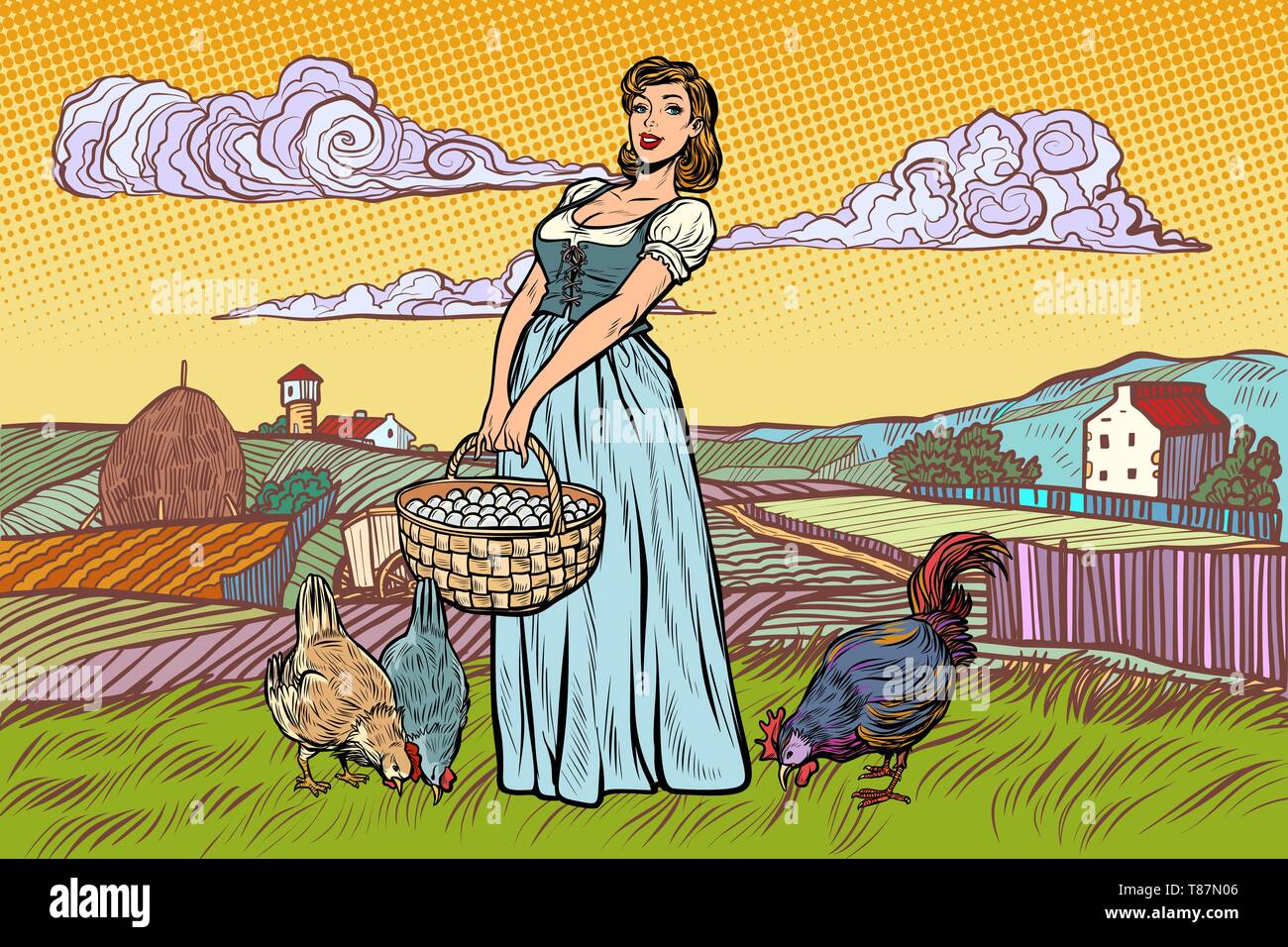 Femme rurale avec des oeufs de poule. Paysage agricole. Pop art retro vintage kitsch vector illustration Illustration de Vecteur