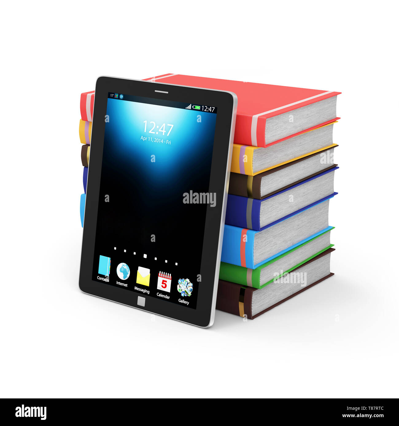 Technologie de l'éducation électronique, E-Learning ou e-book gratuit. Pile de livres colorés avec Tablet PC moderne isolé sur fond blanc Banque D'Images