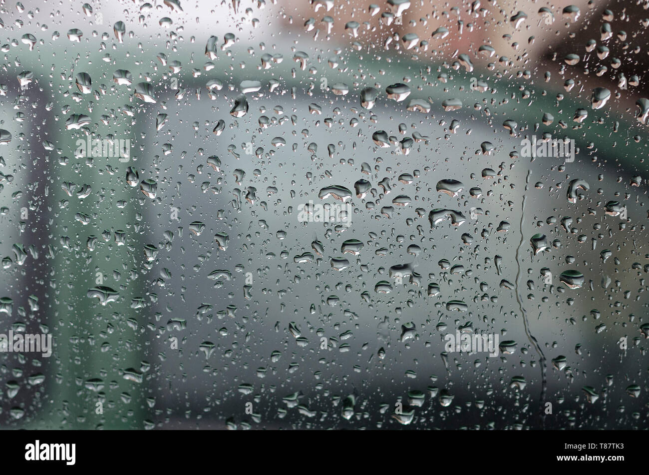 Gouttes de pluie sur la vitre dans la journée d'été Banque D'Images