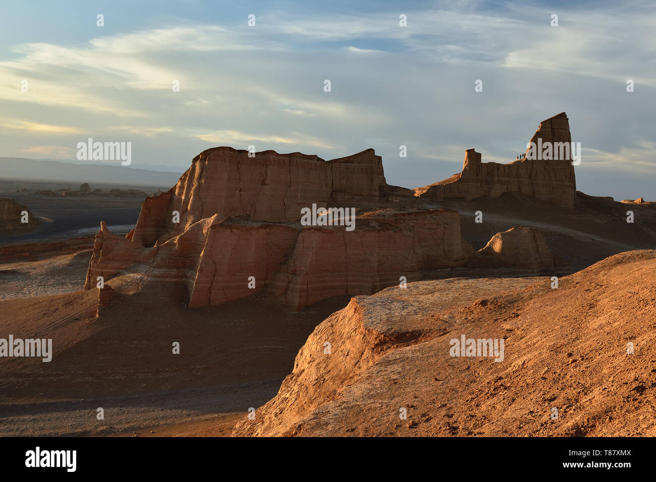 Coucher du soleil sur le désert du Lut - Dasht-e-Lut les plus chauds et plus arides de la planète, localiser près de Kerman, Iran. Banque D'Images