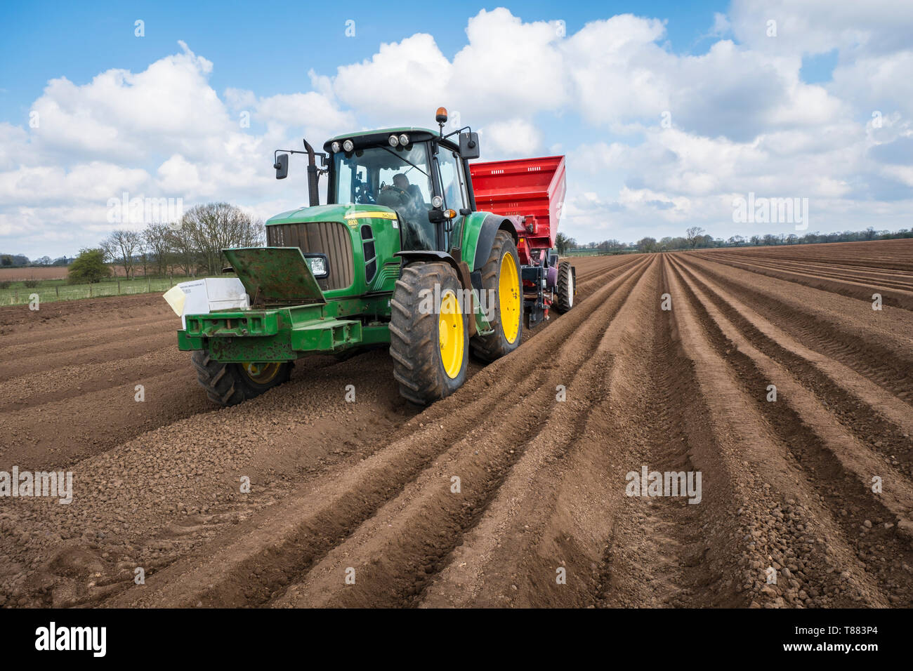 La plantation mécanisée de pommes de terre de semence à l'aide d'un semoir 3 rangs dewulf belt derrière un tracteur John Deere. Banque D'Images