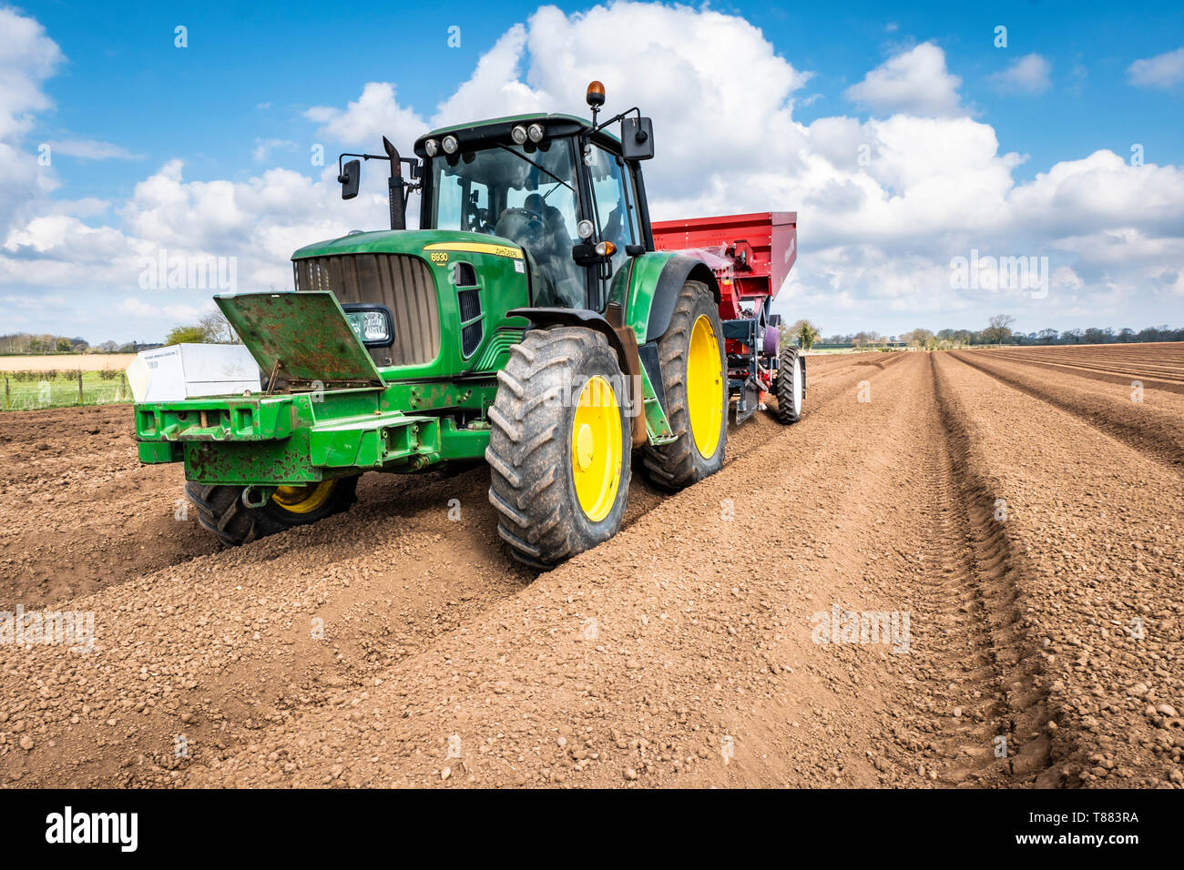La plantation mécanisée de pommes de terre de semence à l'aide d'un semoir 3 rangs dewulf belt derrière un tracteur John Deere. Banque D'Images
