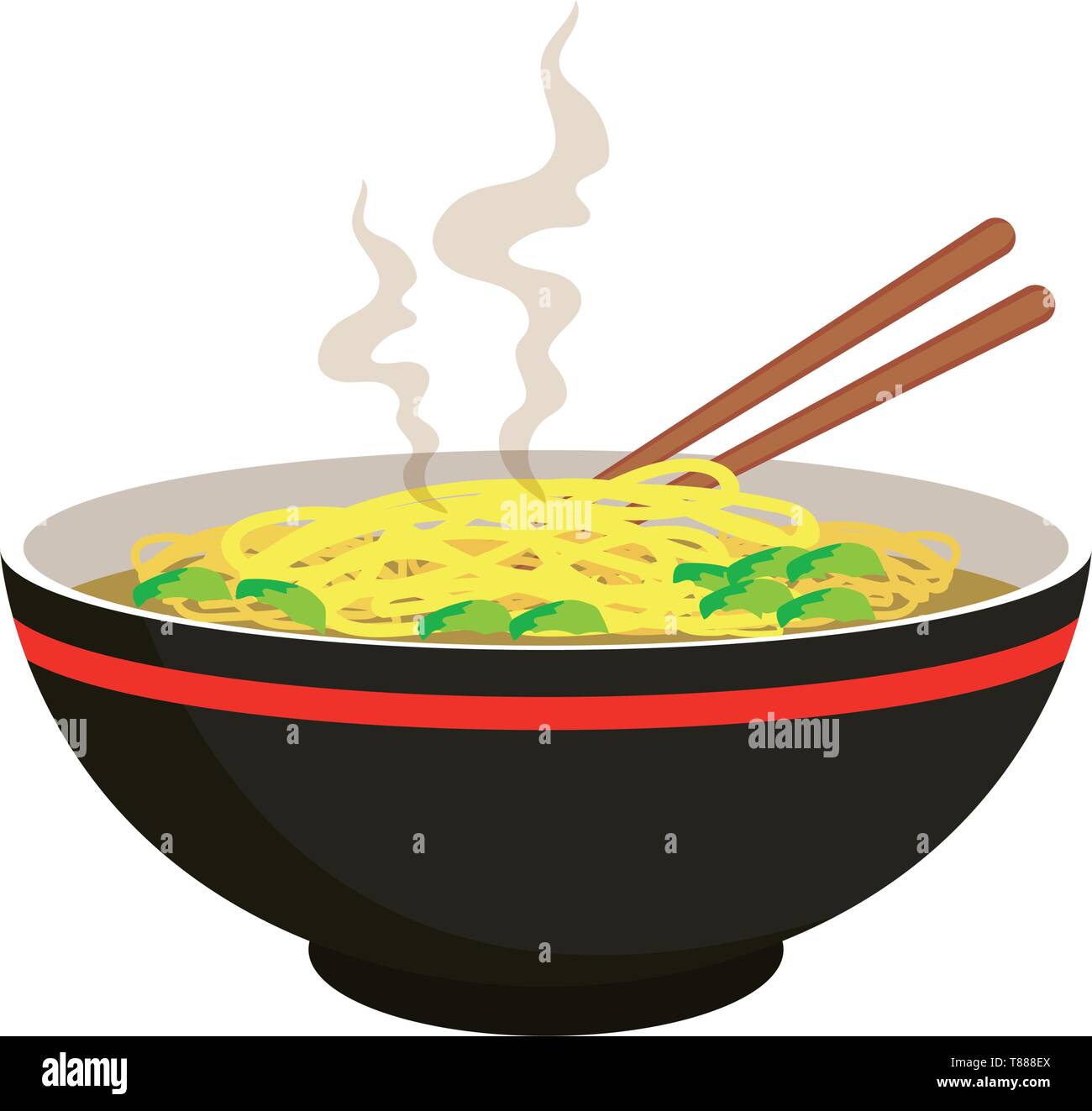 Soupe de nouilles chaudes avec des boulettes de viande dans un bol chinois et les cuillères sur fond blanc, vector illustration Illustration de Vecteur