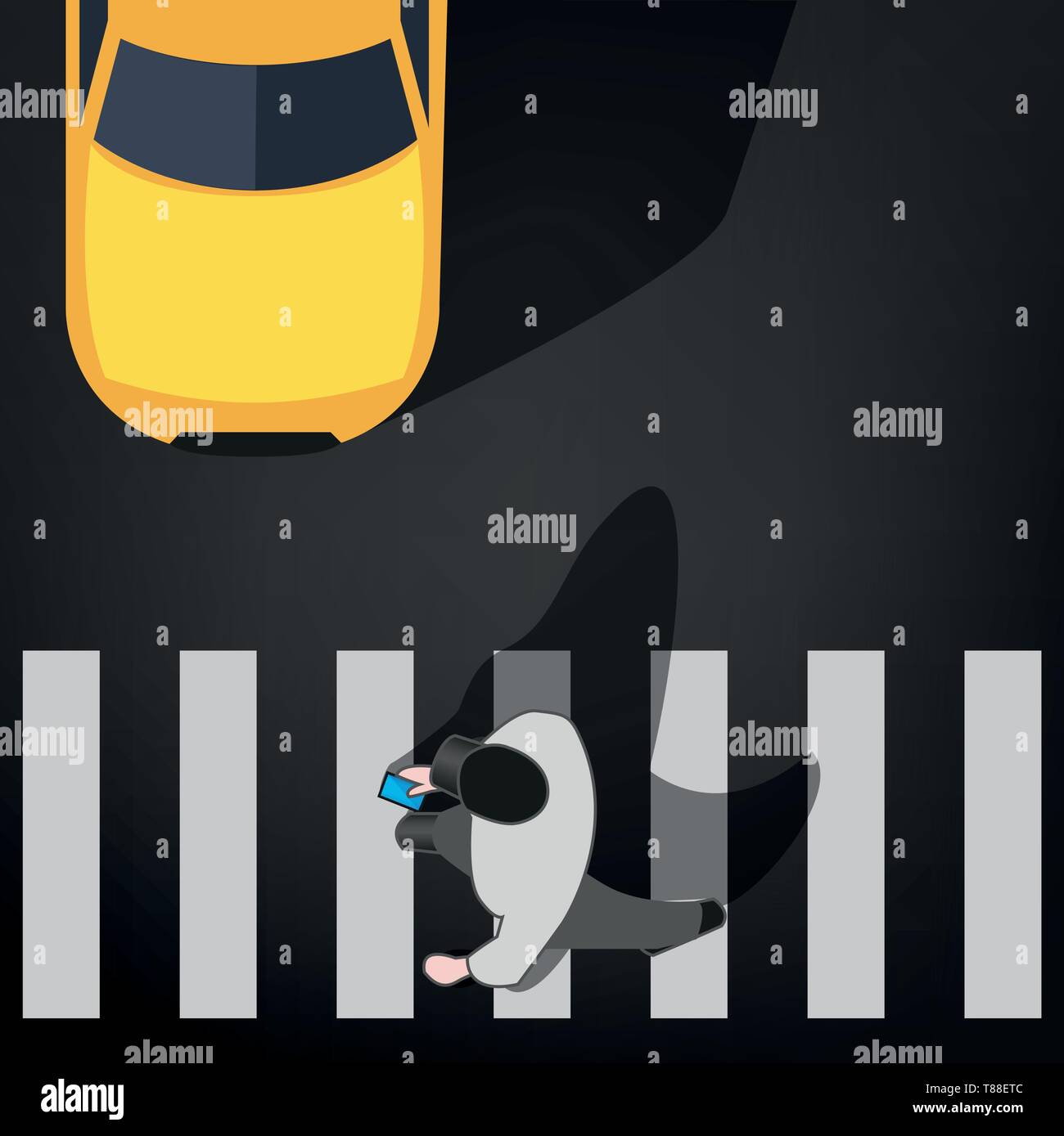 Homme avec cellulaire au passage piétons, voiture jaune, vecteur vue supérieure Illustration de Vecteur
