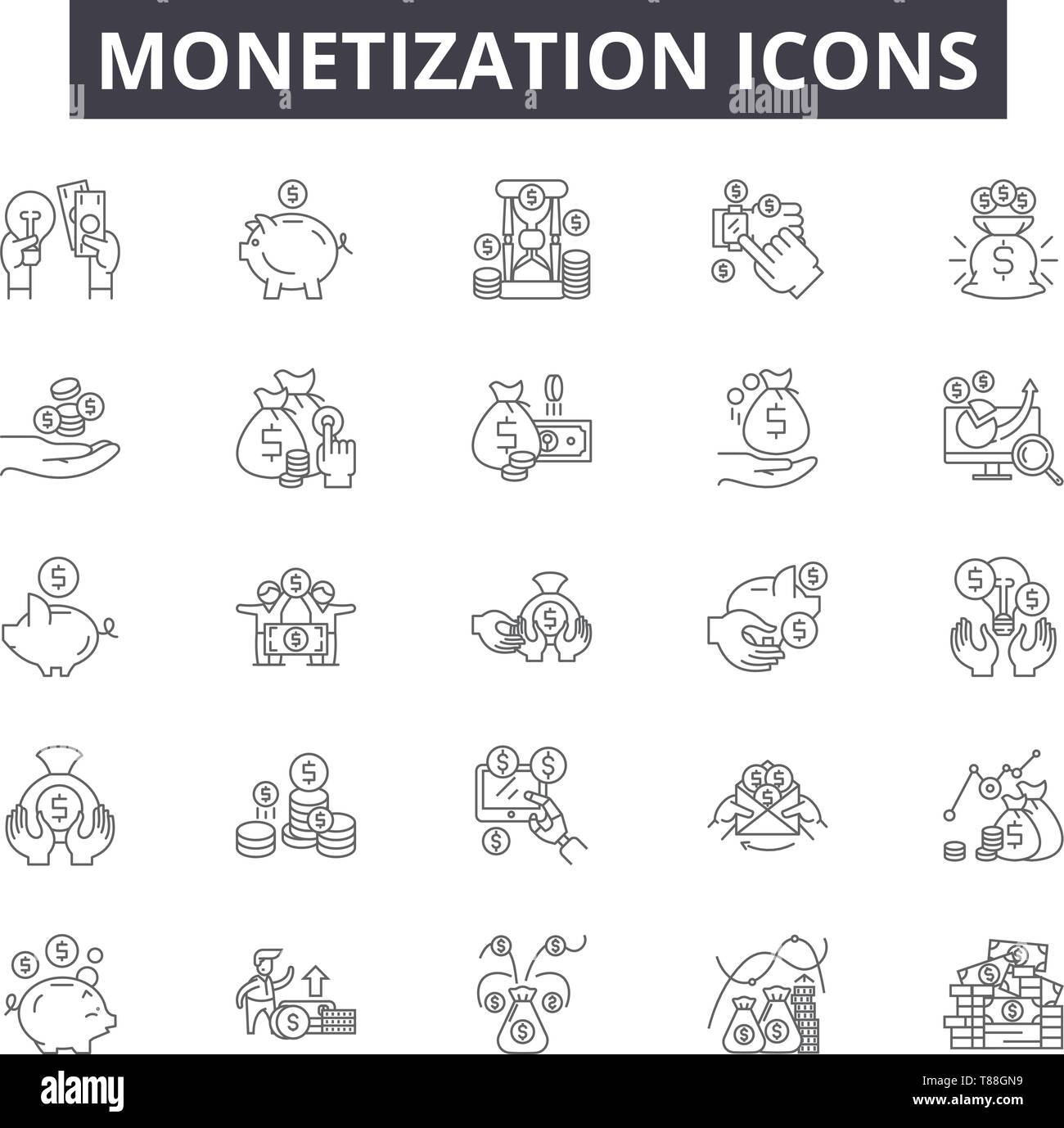La monétisation concept line icônes, signes, vector set, résumé du ...