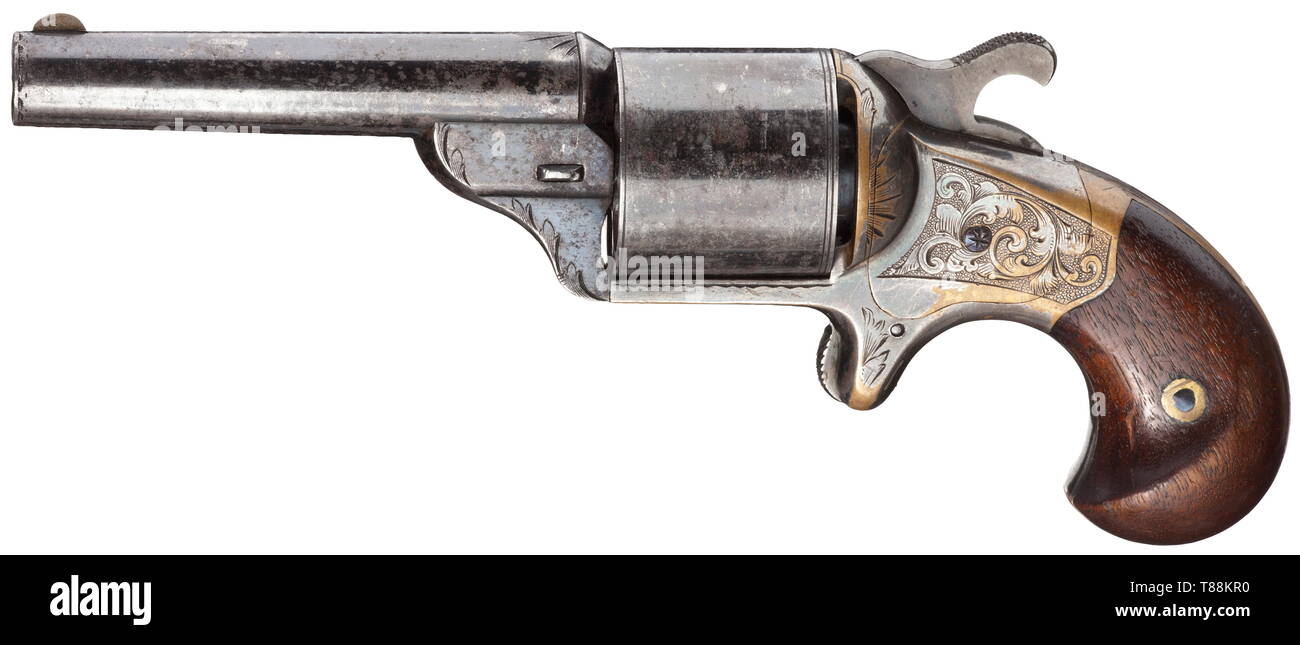Un revolver à chargement frontal de Moore (circa 1865) incendie du trayon. Cal.32 teat-le-feu, non. 1628. Cinq-groove lumineux canon rayé de l'alésage, longueur 3-1/4". 6-shot. Le canon mais sans l'inscription ou la désignation, seul le cylindre est inscrit avec 'D. Williamson's Patent 5 Janvier 1864'. Canon et barillet à environ 50  % de bleu. Châssis avec poignée en laiton avec gravures d'acanthe, environ 60  % de l'argenture préservés. Poignée en noyer. Erwerbsscheinpflichtig historique., historiques, de poing, poing civile civile, poche, pistolet, fusil, Additional-Rights Clearance-Info-f,-Not-Available Banque D'Images