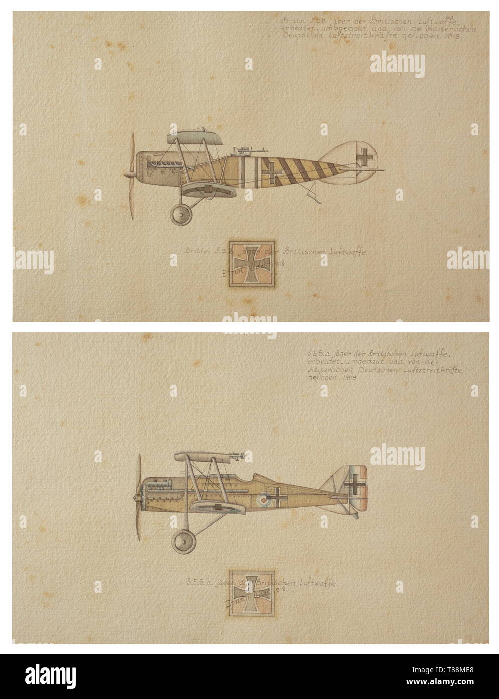 Ernst Udet - Douze dessins d'avions militaires allemands de la 1ère Guerre Mondiale Aviatik (Berg) D.I. Des bombardiers Flying Corps austro-hongrois de 1917. Rumpler C.IV. Des bombardiers allemands Impériale Flying Corps. Gotha G.V. Des bombardiers allemands Flying Corps Impériale 1918. Halberstadt C.L.II de la Kaiserliche Flying Corps 1918. Fokker F.V. de l'Imperial German Flying Corps 1918. Pfalz D.XII de l'Imperial German Flying Corps 1918. Siemens Schuckert D III de la Imperial German Flying Corps. Escadron de chasse 4, Metz 1918 (personnels d'Udet avion avec l'inscription 'LO !' pour Editorial-Use , SEULE Banque D'Images