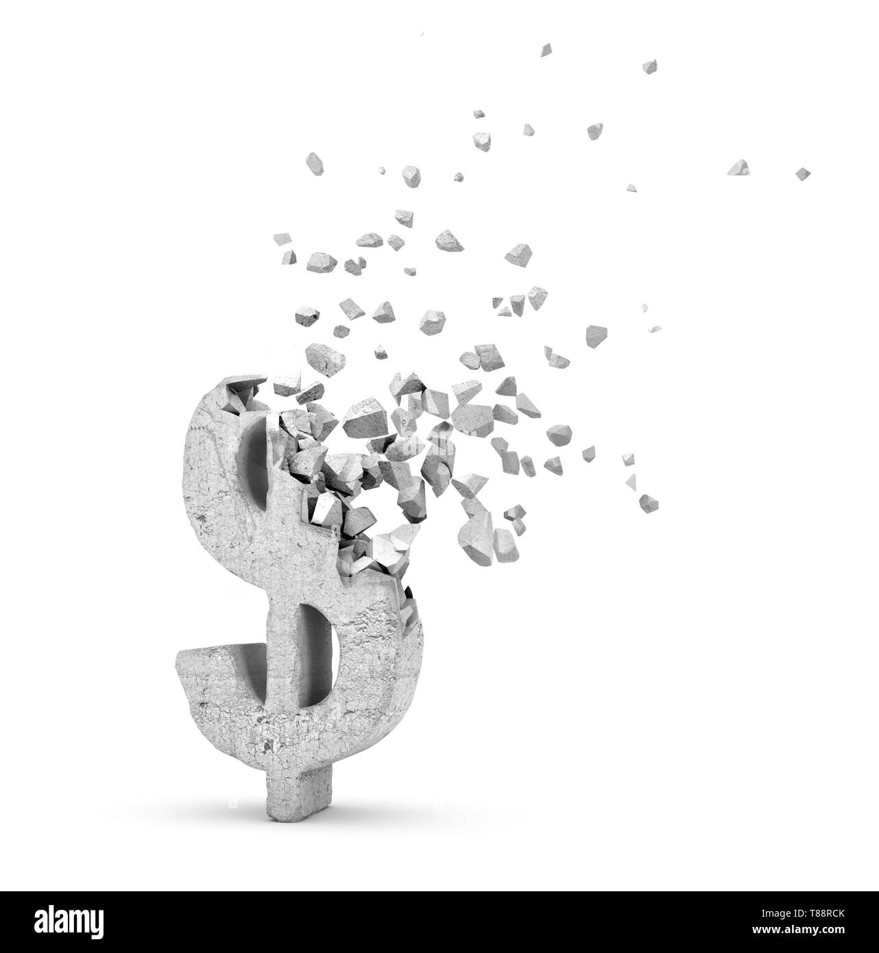 Le rendu 3D de béton gris clair signe dollar commence à se dissoudre en morceaux sur fond blanc. Banque D'Images