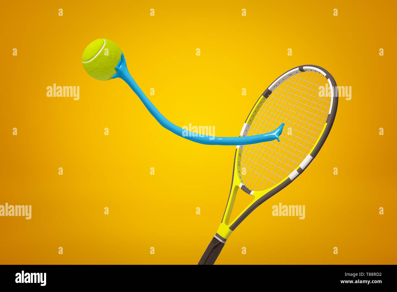 Le rendu 3D de balle de tennis jaune collé à raquette de tennis avec sticky mucus bleu sur fond jaune Banque D'Images