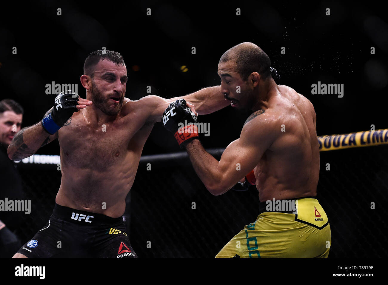 UFC 237 : NAMAJUNAS vs ANDRADE - Fighters Jose Aldo (gant rouge) et Alexander (Volkanovski gant bleu) durant l'UFC 237 carte principale lutte à Jeunesse Arena, Rio de Janeiro. Janvier. Photo : Thiago Ribeiro / AGIF Banque D'Images