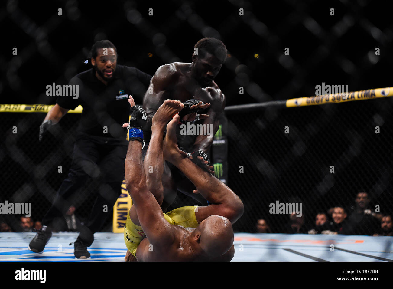 UFC 237 : NAMAJUNAS vs ANDRADE - Fighters Jared Cannonier (gant rouge) et Anderson Silva (gant bleu) durant l'UFC 237 carte principale lutte à Jeunesse Arena, Rio de Janeiro. Janvier. Photo : Thiago Ribeiro / AGIF Banque D'Images