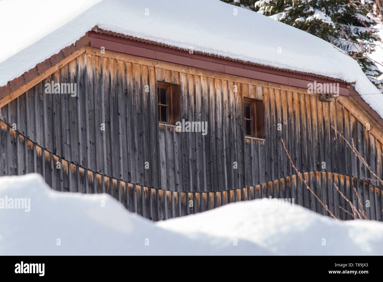 France, Jura, GTJ, Grande Traversée du Jura en raquettes, le gîte du Berbois au pied de la borne de lion Banque D'Images