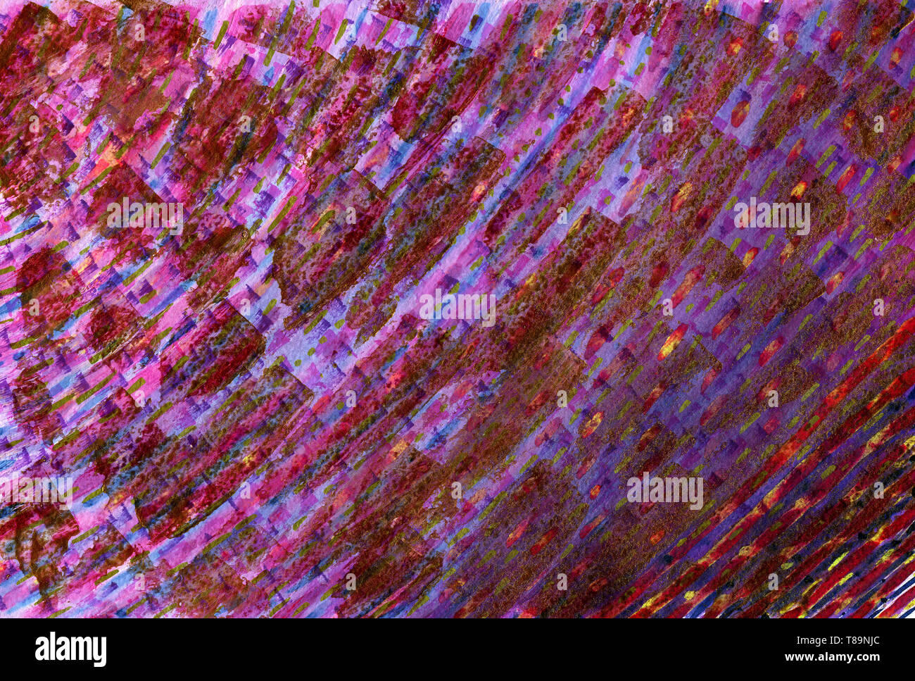 Résumé fond violet avec des traits. Grunge texture avec les rayures, les points et les lignes. Motif lumineux avec rose, violet, or et bleu. Banque D'Images