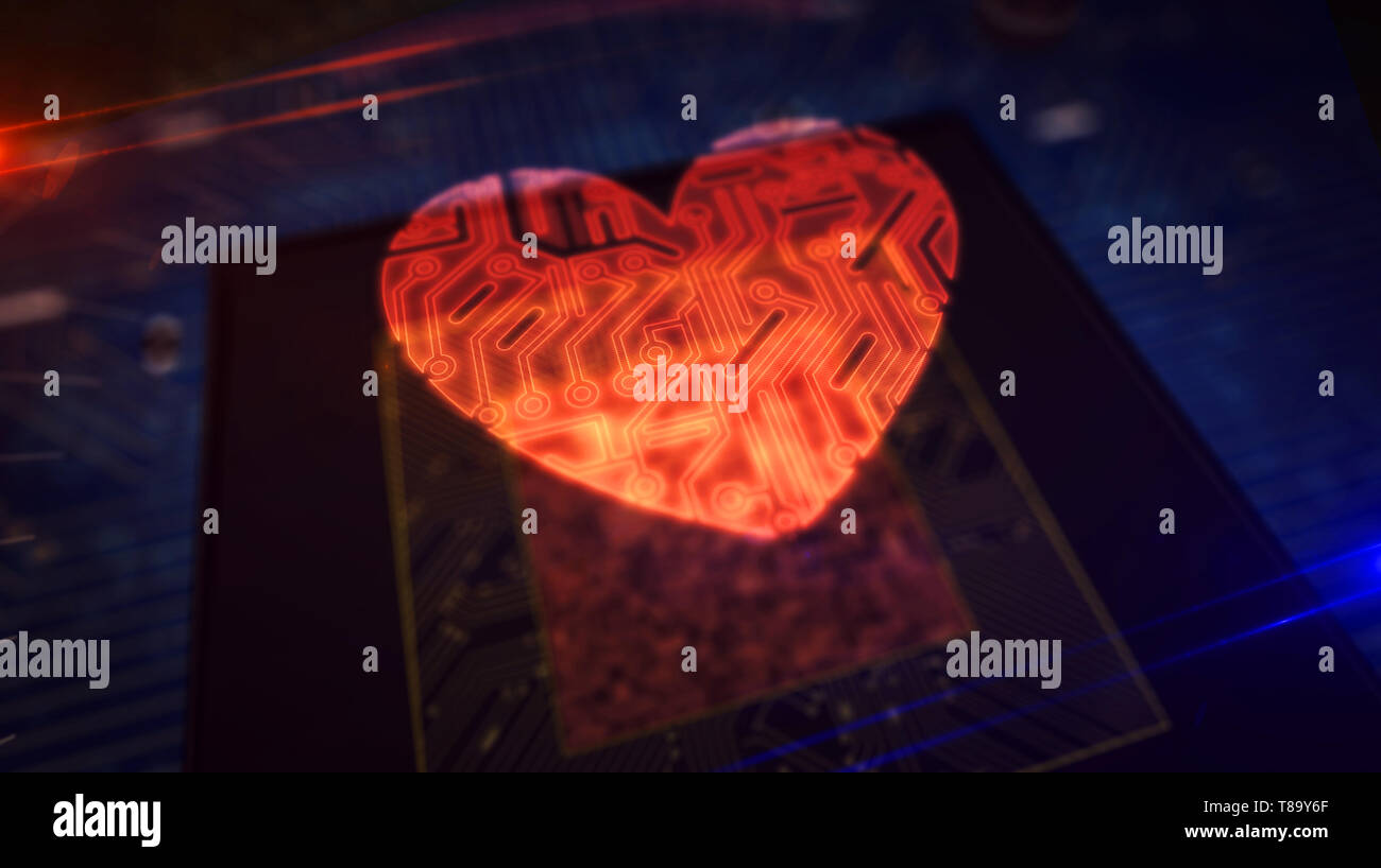 L'amour et la santé concept avec hologramme coeur plus de cpu de travail en arrière-plan. Romantique, cyber dating, rendez-vous médicaux soins cardio et en ligne. Futuri Banque D'Images