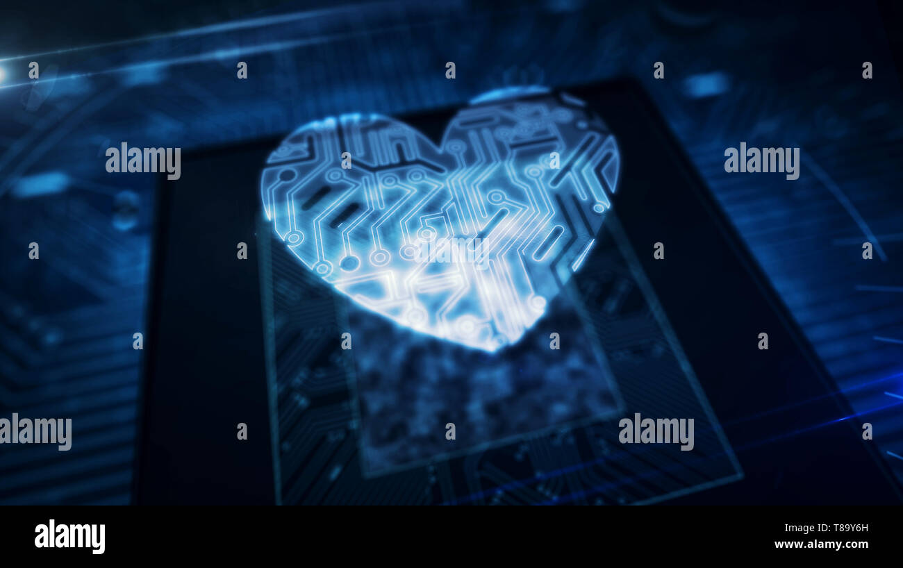 L'amour et la santé concept avec hologramme coeur plus de cpu de travail en arrière-plan. Romantique, cyber dating, rendez-vous médicaux soins cardio et en ligne. Futuri Banque D'Images