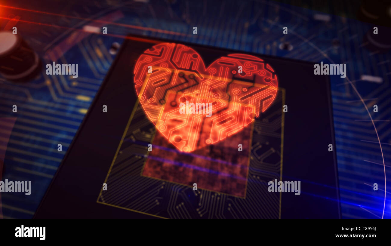 L'amour et la santé concept avec hologramme coeur plus de cpu de travail en arrière-plan. Romantique, cyber dating, rendez-vous médicaux soins cardio et en ligne. Futuri Banque D'Images
