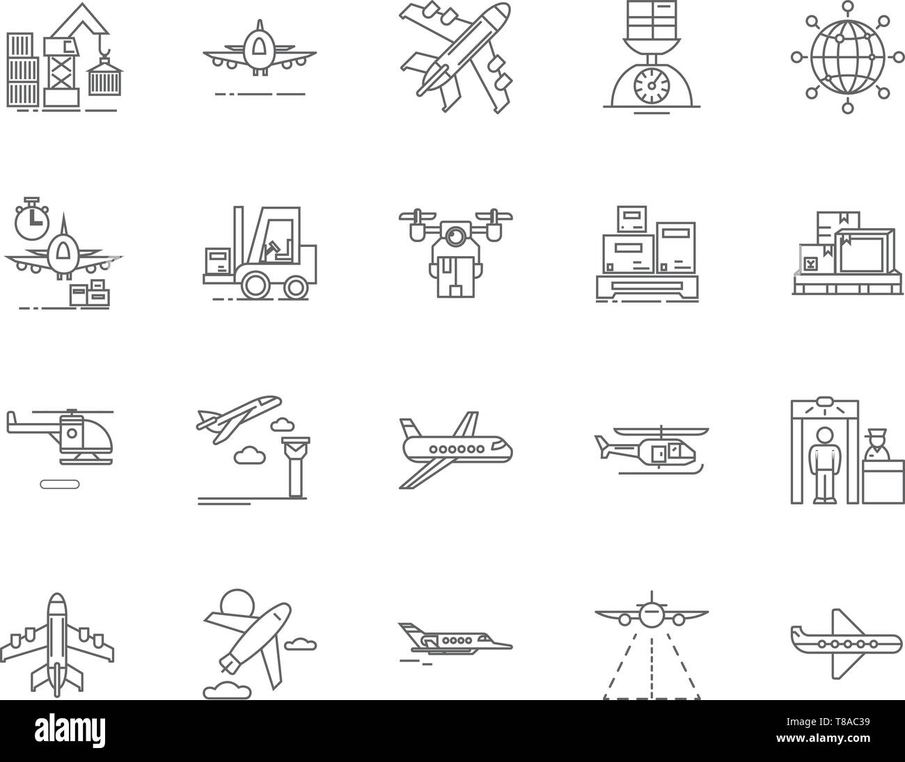 Ligne de transport aérien icônes, signes, vector set, contours concept illustration Illustration de Vecteur