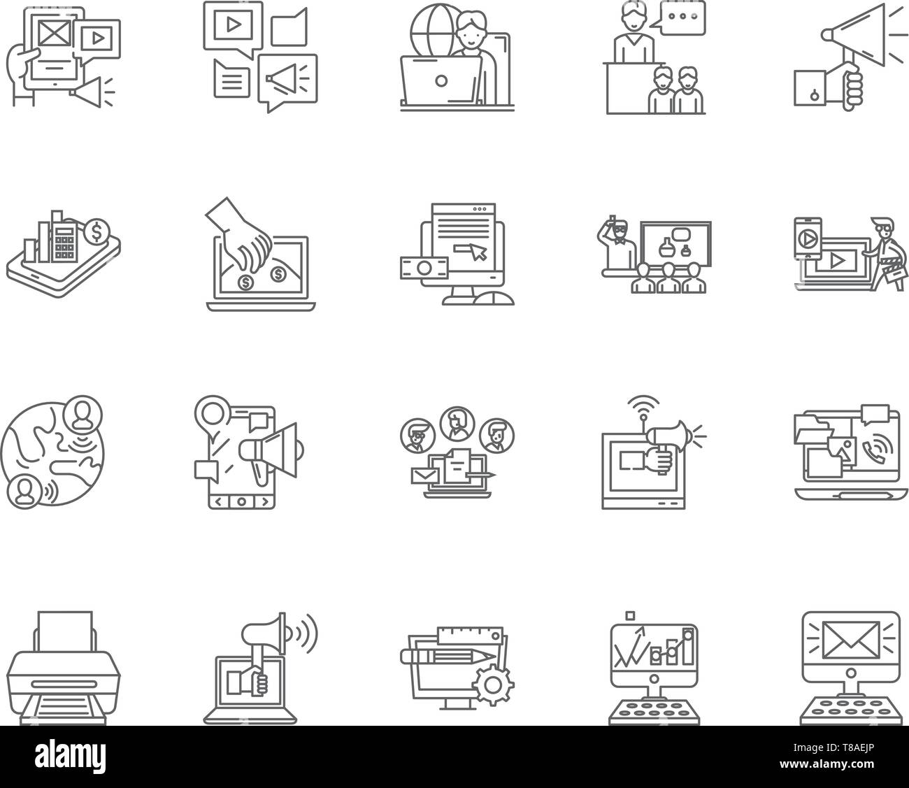 Icônes de ligne de communication, signes, vector set, contours concept illustration Illustration de Vecteur