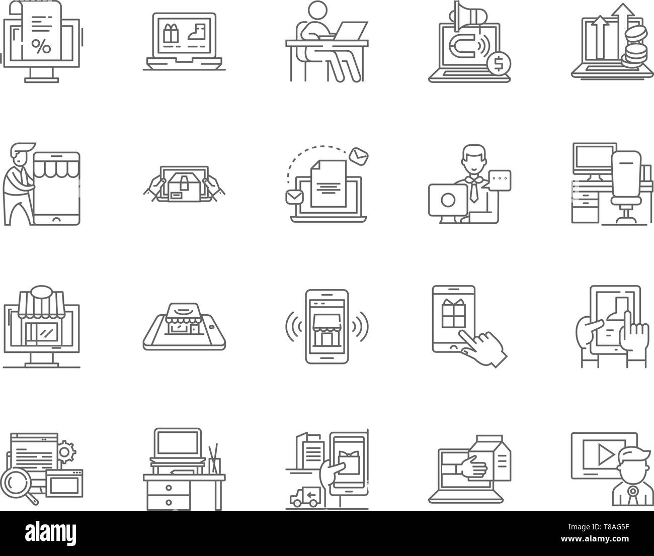 Ligne services Ecommerce icônes, signes, vector set, contours concept illustration Illustration de Vecteur