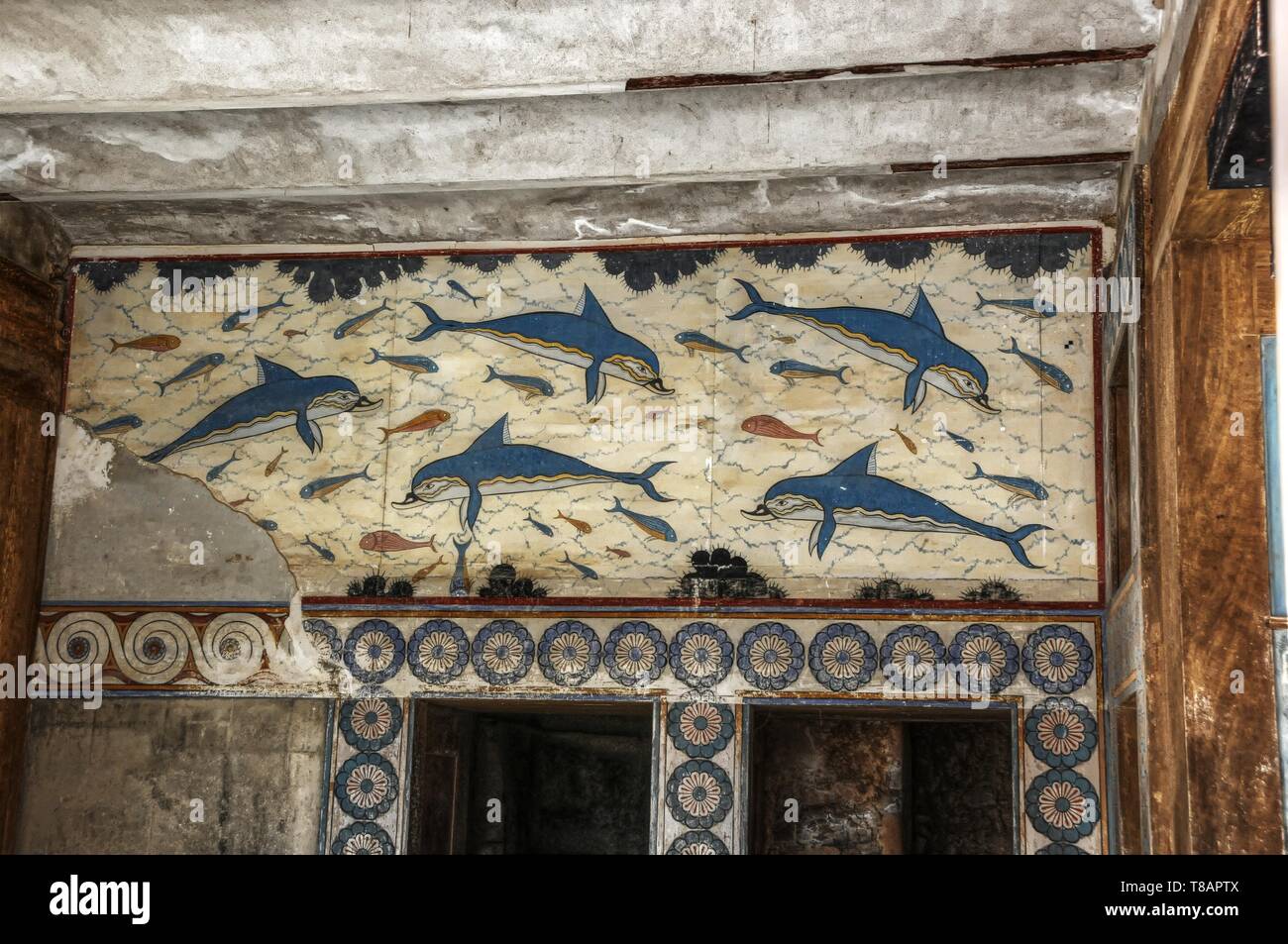 Fresque des dauphins au-partiellement restauré Palais de Knossos, Crete Banque D'Images