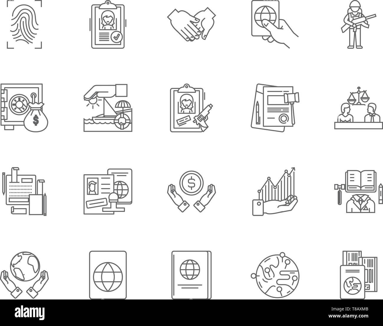 Ligne d'affaires internationales, signes, icônes vector set, contours concept illustration Illustration de Vecteur