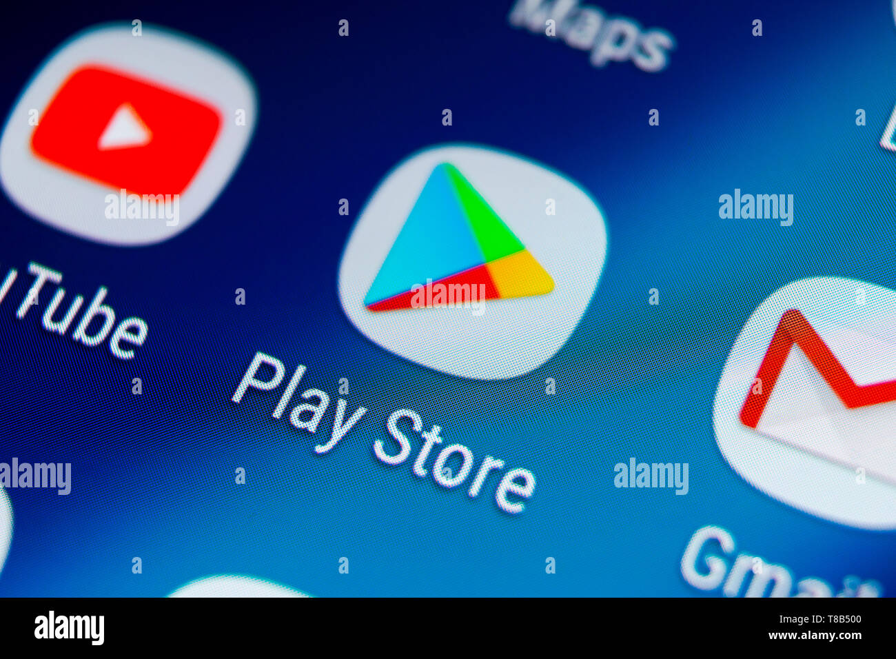 Kaliningrad, Russie, le 19 août 2018 : Play store l'icône de l'application sur smartphone Samsung Galaxy S9 écran close-up. L'icône de l'application mobile de pla Banque D'Images