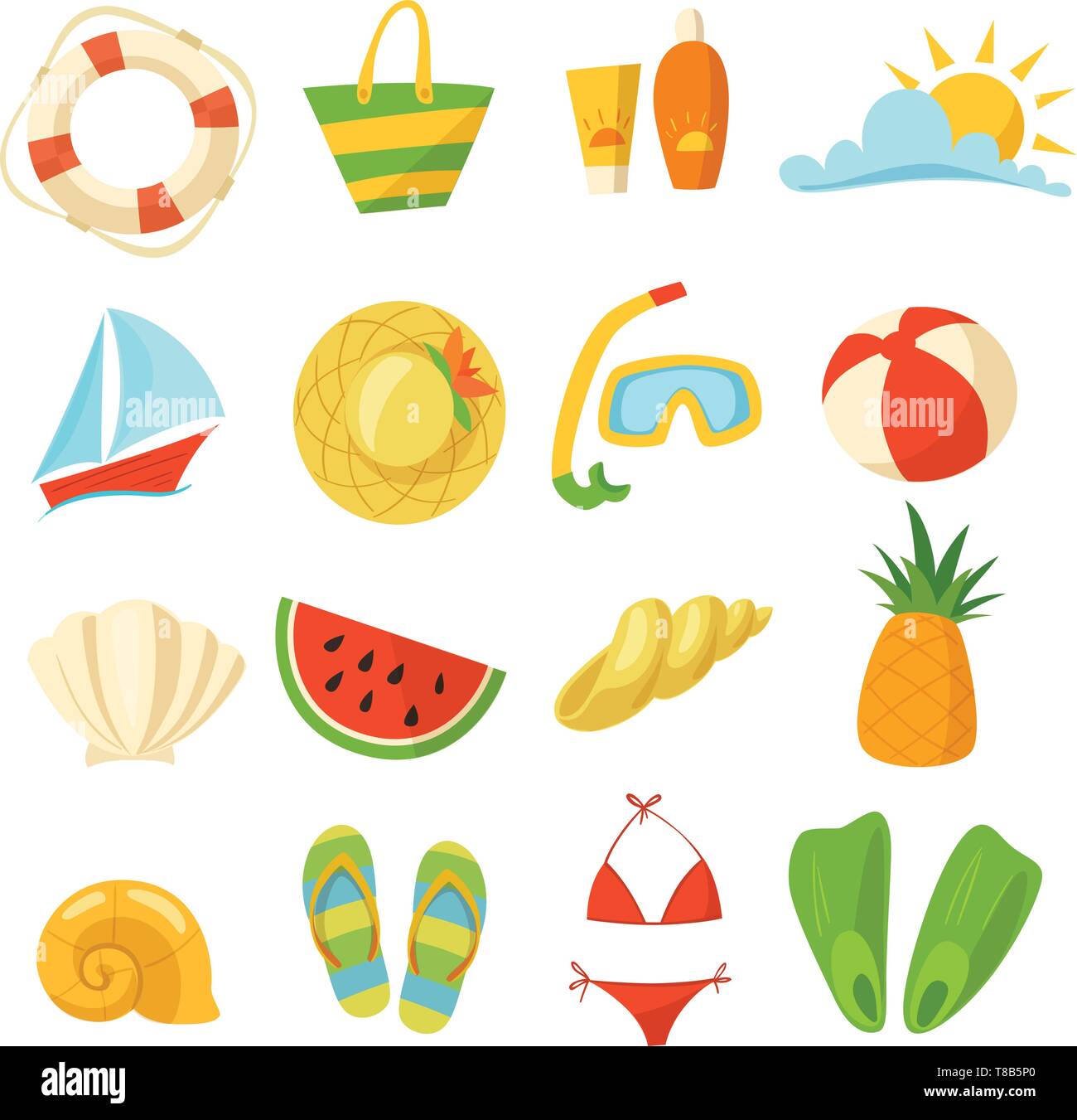 Vector set avec l'été de la nourriture, des jouets, des vêtements et des symboles dans un style de dessin animé. Illustration de Vecteur