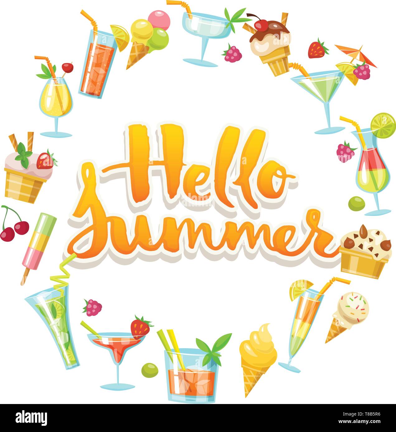 Hello summer design avec des cocktails et des glaces d'icônes. Illustration de Vecteur