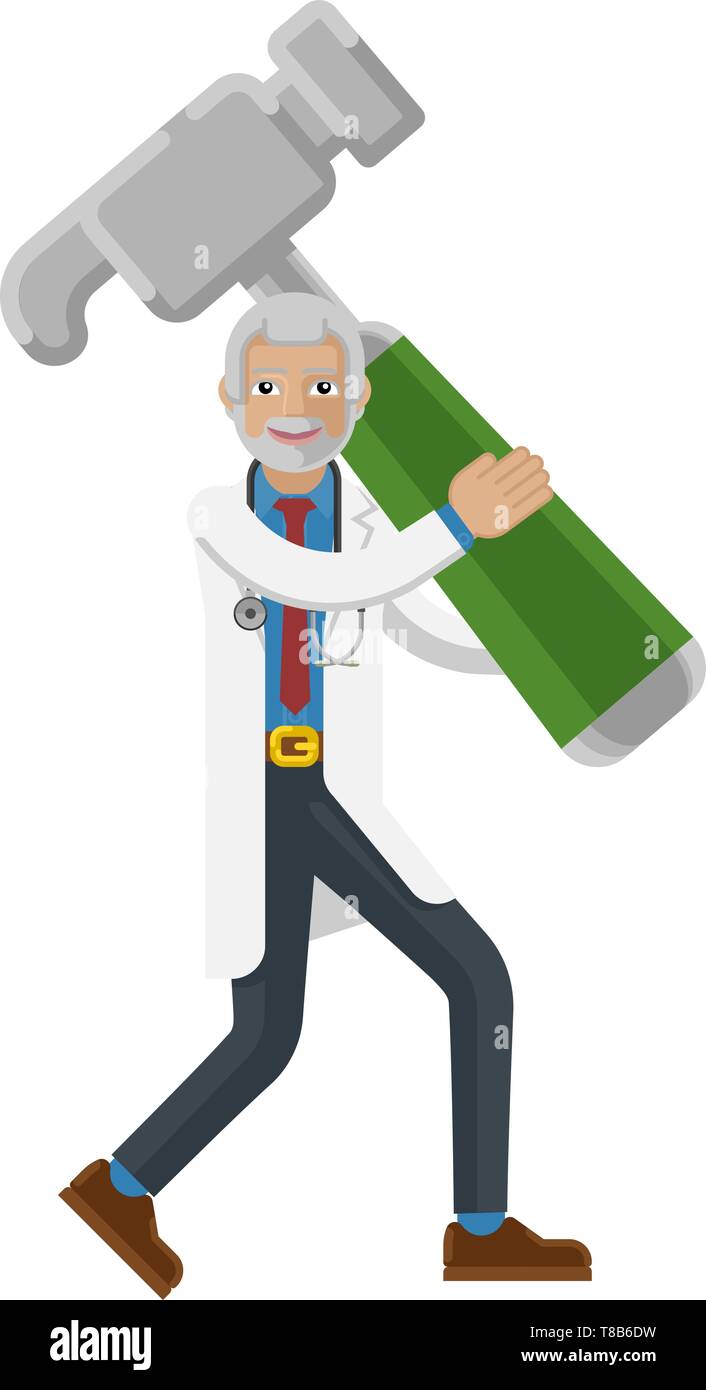 Médecin mature Man Holding Hammer Mascot Illustration de Vecteur
