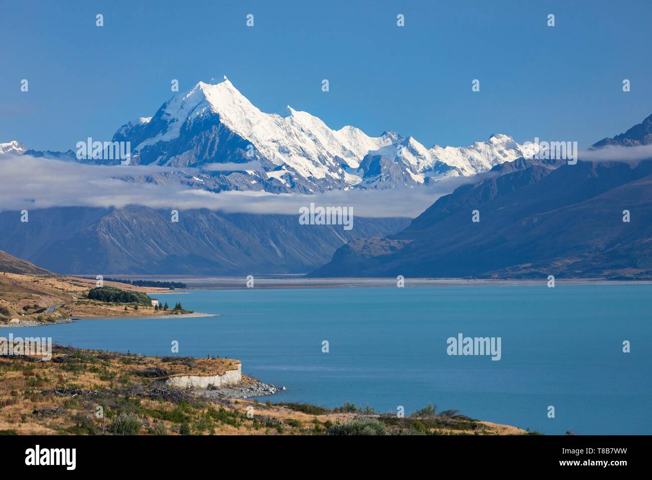Nouvelle Zélande, île du Sud, région de Canterbury, Aoraki Mount Cook, 3724 m, étiquetés et site du patrimoine mondial de l'UNESCO, le lac Pukaki Aoraki Mount Cook Park Banque D'Images