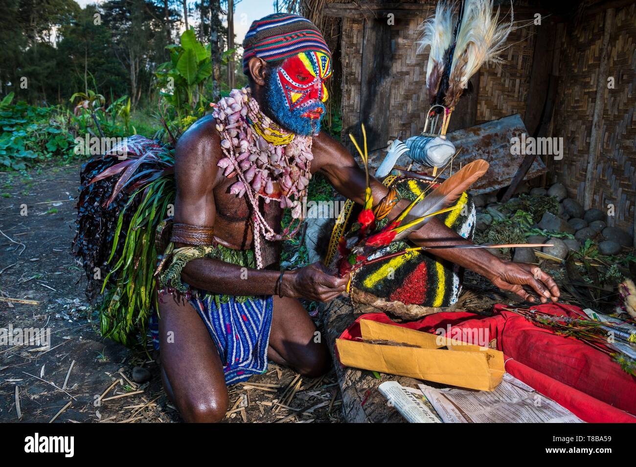 La Papouasie-Nouvelle-Guinée, l'ouest des Highlands Province, Région d'Nebilyer Kaugel Tambul, Alkena village, danseuse au cours d'un sing-sing (danse traditionnelle) Banque D'Images