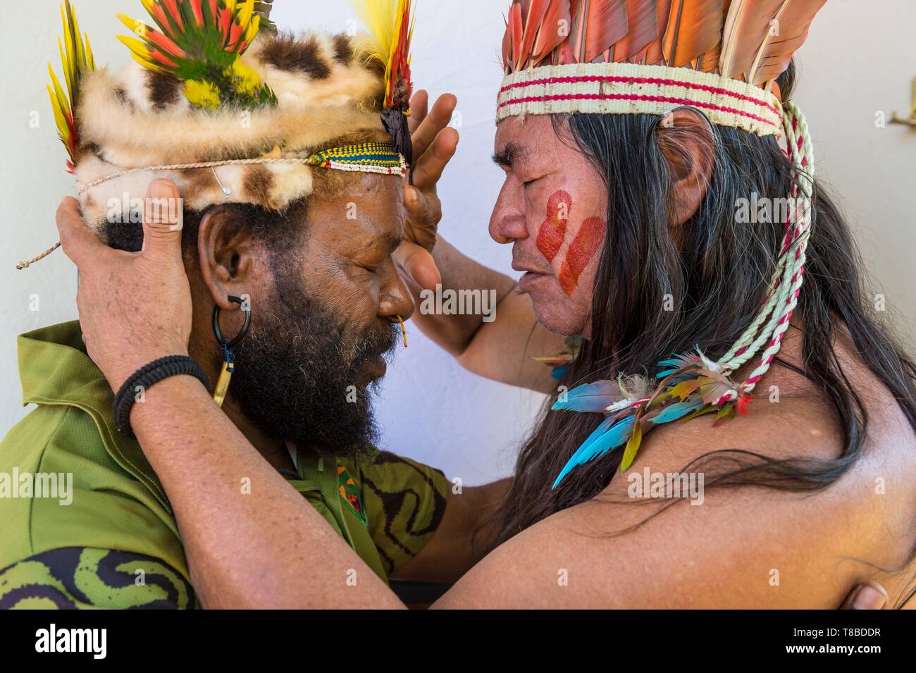 Brésil, Centre-Ouest, District fédéral, Brasilia, réunion des dirigeants autochtones à la première grande assemblée de l'Alliance de la Mère Nature&# x2019;s des tuteurs, avec Mundiya Kepanga chef papou et le Cacique Tukano Alvaro Banque D'Images