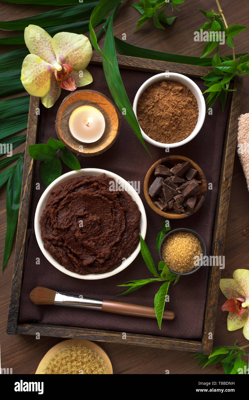 Spa chocolat composition de plantes et de fleurs, d''une télévision. Spa Naturel Produits cosmétiques bio au chocolat et concept de traitement sur l'arrière en bois foncé Banque D'Images