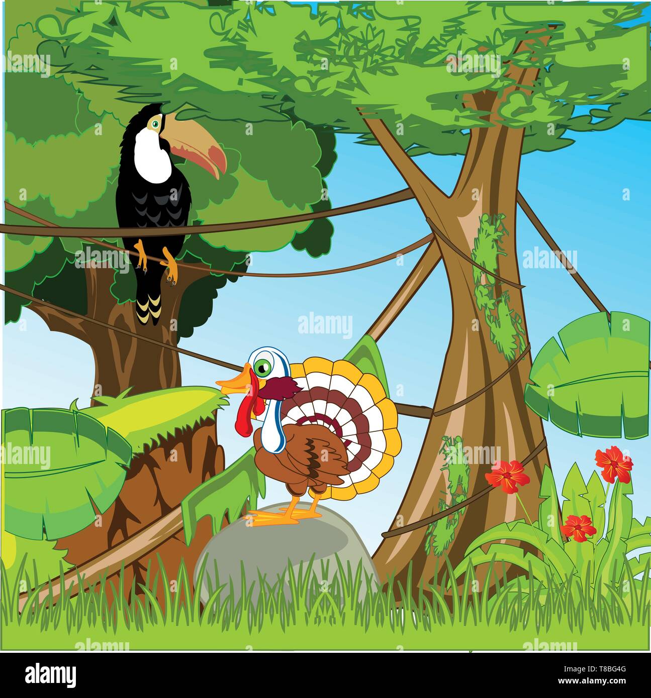 Le bois vert tropical avec oiseau exotique.Vector illustration Illustration de Vecteur