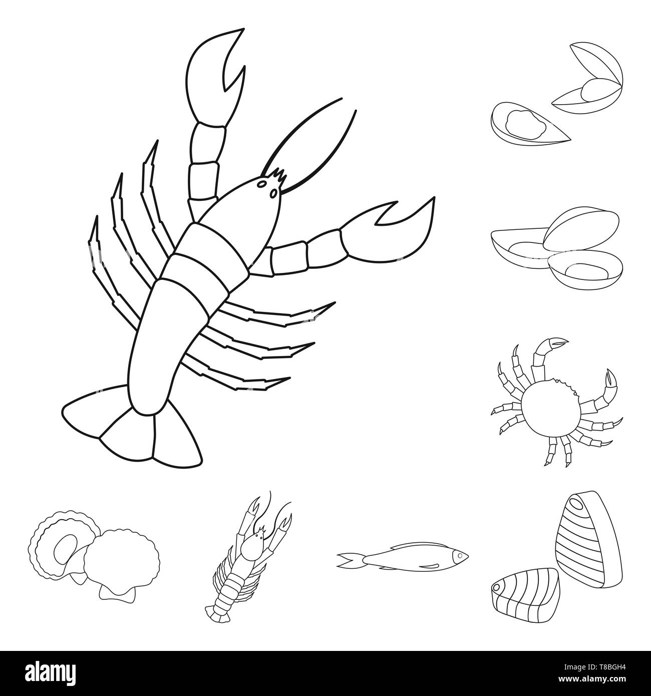 Le homard, crabe,moules,saumon,méduses,écrevisses,shell,gelée,les poissons,cuits, luxe,clam,coquillages,fontaine,piece,rouge,la délicatesse,plage,animal,,viande,sous-marin de l'Atlantique,phosphore,huîtres,eau,cuisine,aquarium,moustache,fruits de mer,mer,océan,produit,sain,frais,restaurant,marine,marché,set,icône,,illustration,collection,isolé,design,graphisme,élément signe,ligne,plan,vecteurs vecteur , Illustration de Vecteur